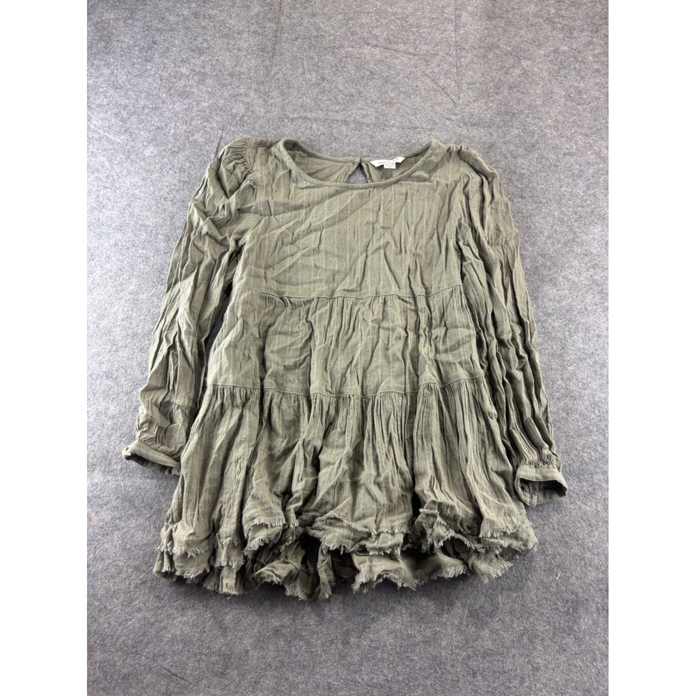American Eagle Olive Green Tiered Gauze Tunic Top Long Sleeve Open Back XS